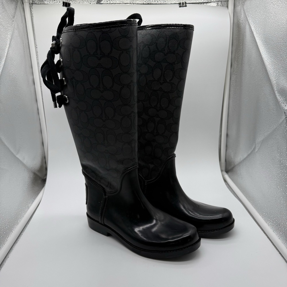 Women's COACH Tristee Lace-Up Corset Signature Logo Rain Boots Black Size 7B
